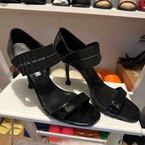Prada Patent Leather Graphic Print Sandals